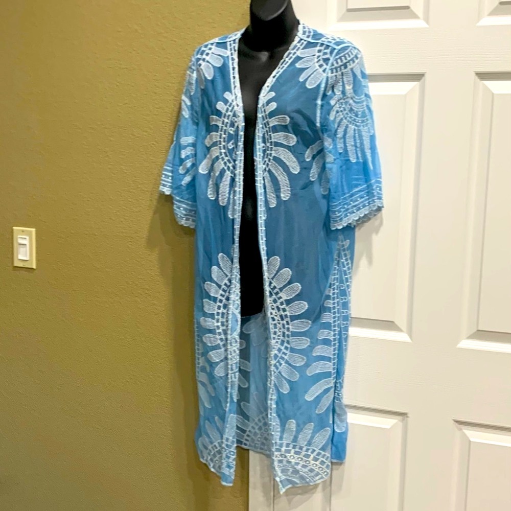 Rebellion lace dust mesh embroidered long cardigan, beach cover up, robe size M